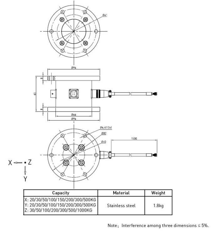 Transducteur industriel hydraulique fait sur commande 20kg de capteur de pression de piézoélectrique de 3 axes à 1T